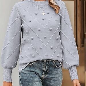 Hocosit Womens Medium Crewneck Pullover Gray Sweater Lantern Sleeves Jumper